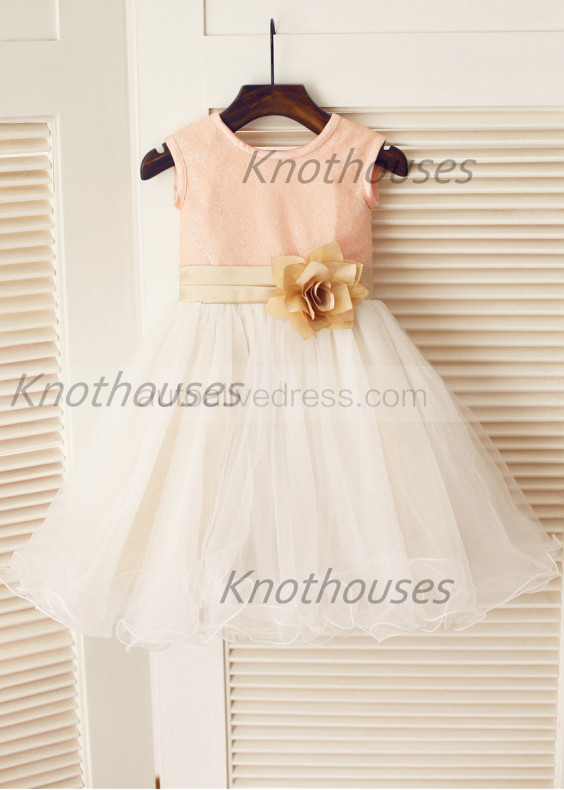 Blush Pink Sequin Ivory Tulle With Champagne Flower Sash Knee Length Flower Girl Dress